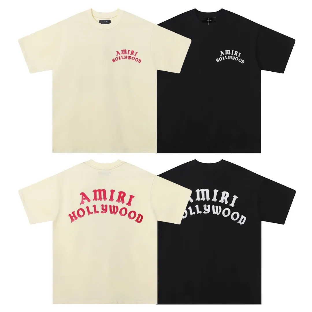 Style number: 749 P114 Fabric: 260g double yarn AMIRI 2025 spring and summer new logo round neck T-shirt high street men and women loose classic letter printed short sleeves Color: black. Apricot Size: S M L XL