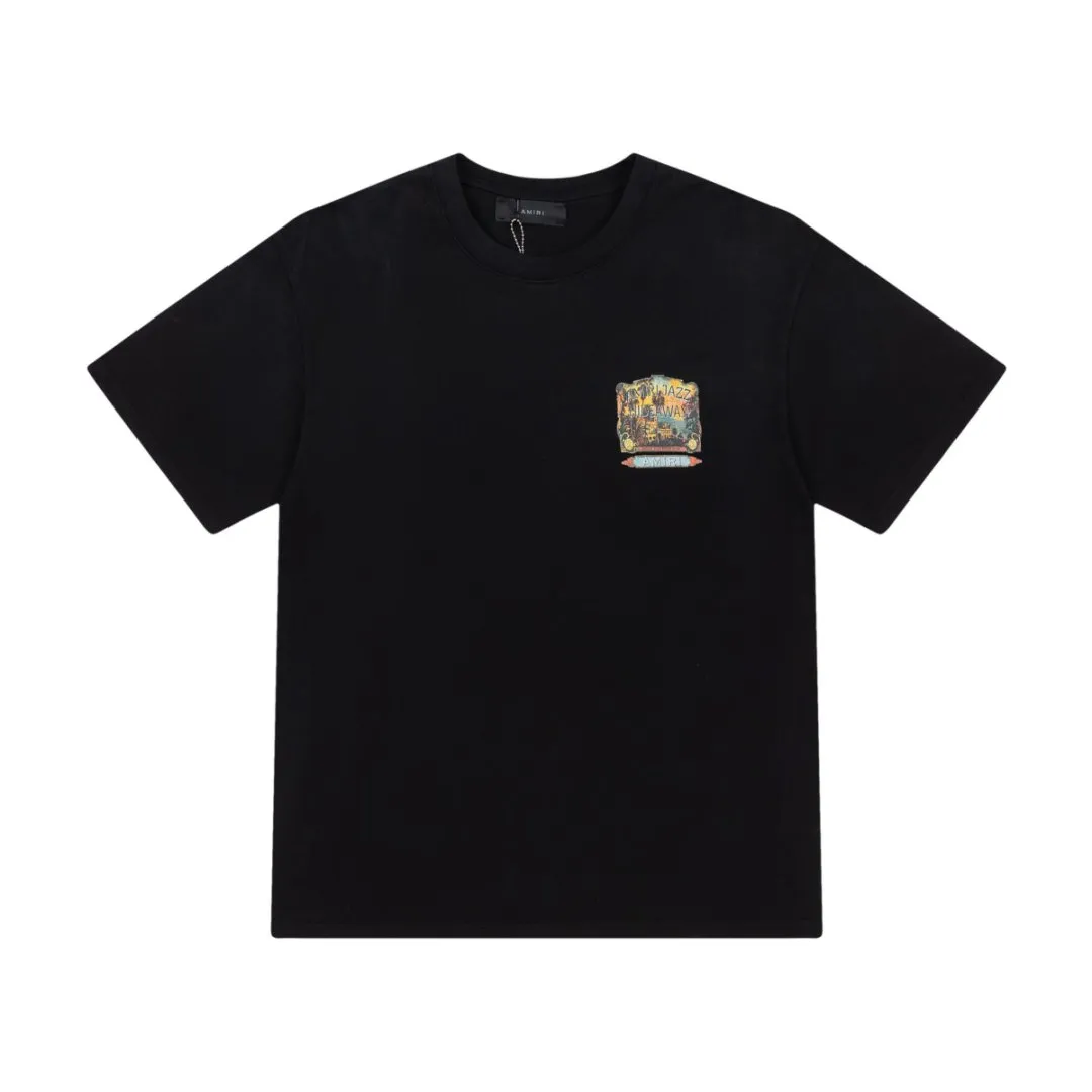 8043#P164, AMIRI ancient city logo, digital direct printing printed washed loose version of T-shirt, made of 300g heavy fabric, color: black, size: S M L XL
