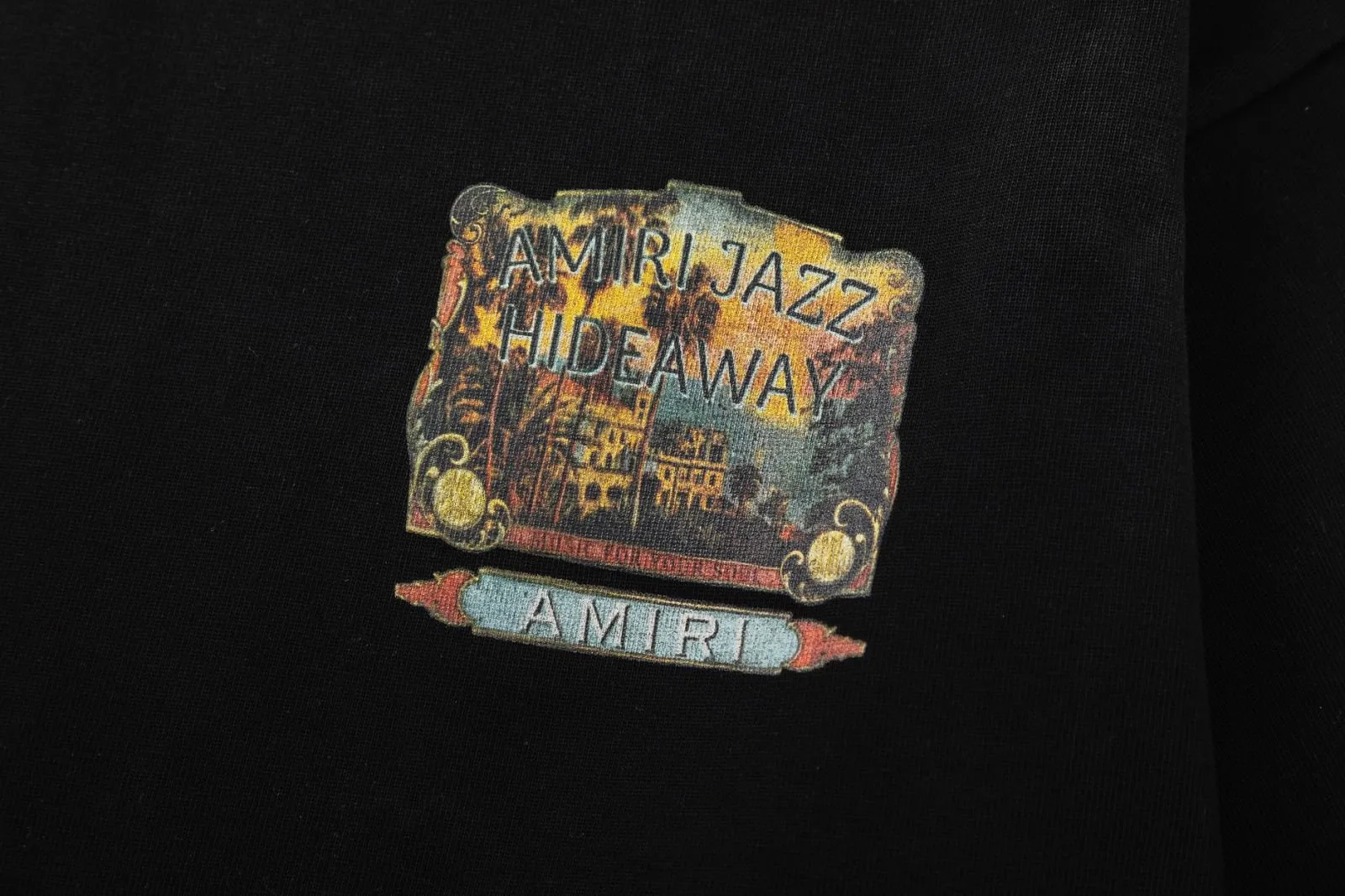 8043#P164, AMIRI ancient city logo, digital direct printing printed washed loose version of T-shirt, made of 300g heavy fabric, color: black, size: S M L XL