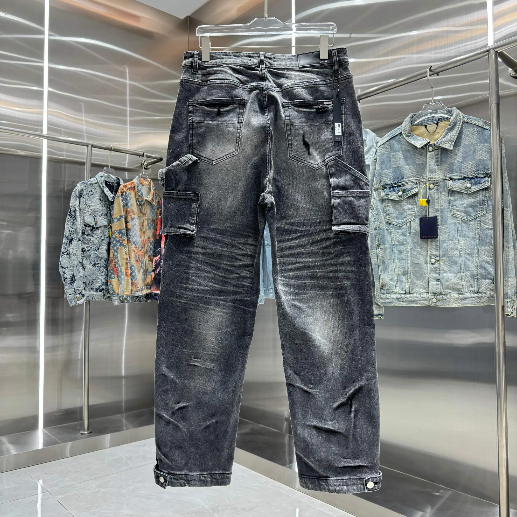 P300 Amiri ripped workwear street fashion loose straight jeans Color Black Size 30 32 34 36 38