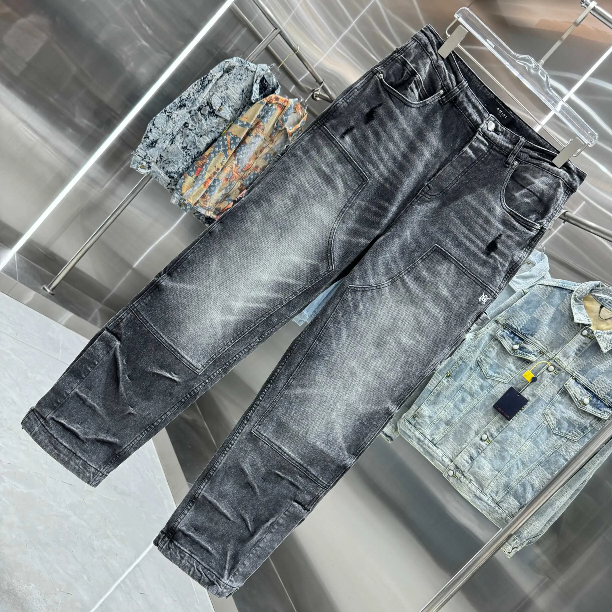 P300 Amiri ripped workwear street fashion loose straight jeans Color Black Size 30 32 34 36 38