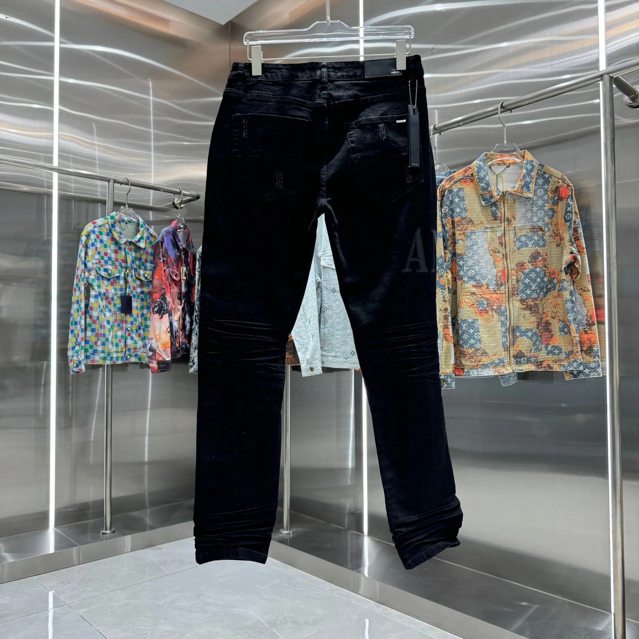 P280 Amiri ripped letter embroidery craft street fashion slim fit stretch jeans Color Black Size 30 32 34 36 38