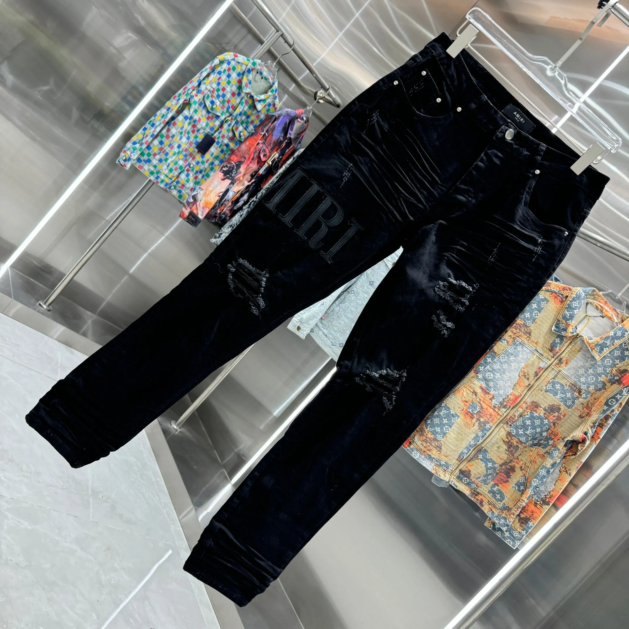 P280 Amiri ripped letter embroidery craft street fashion slim fit stretch jeans Color Black Size 30 32 34 36 38
