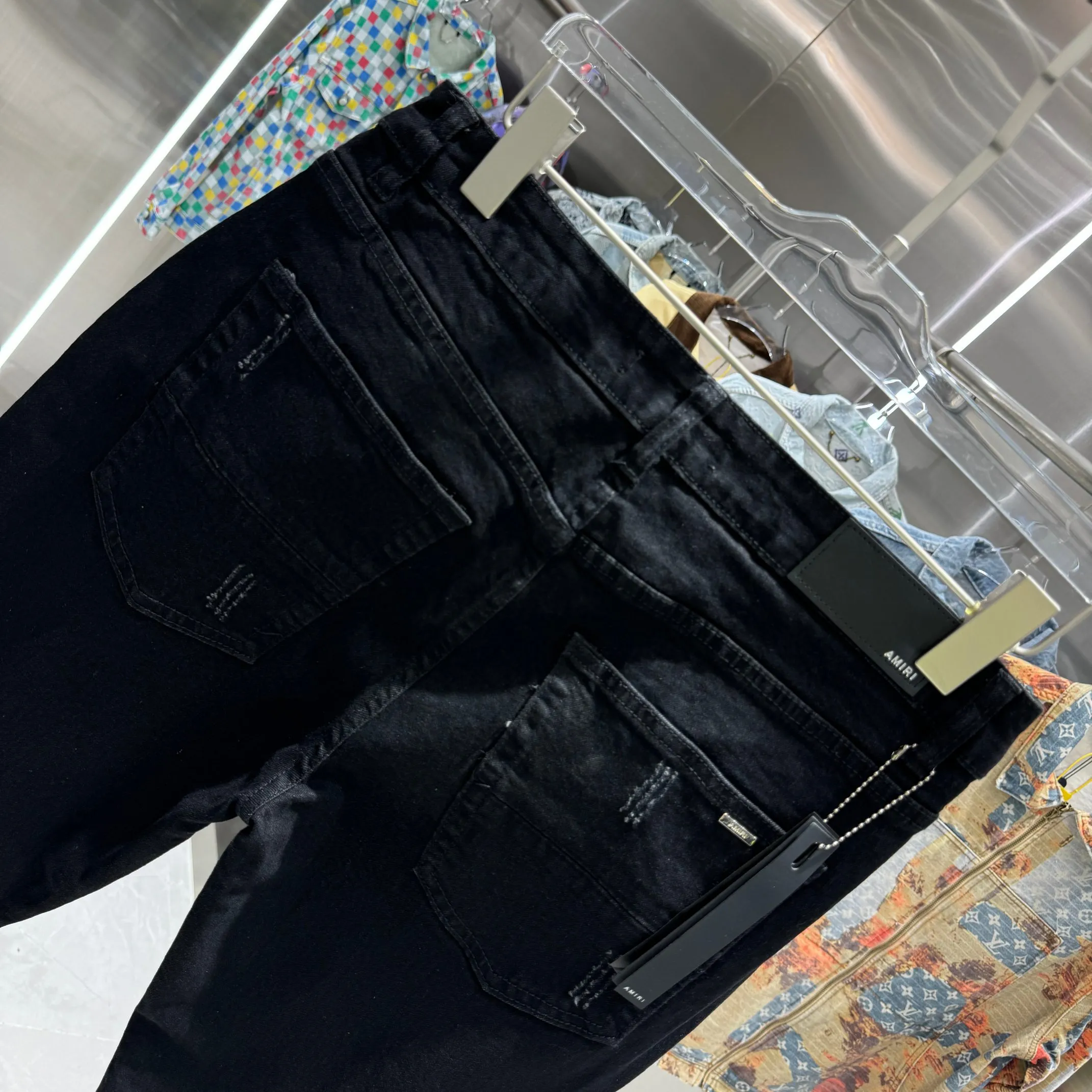 P280 Amiri ripped letter embroidery craft street fashion slim fit stretch jeans Color Black Size 30 32 34 36 38