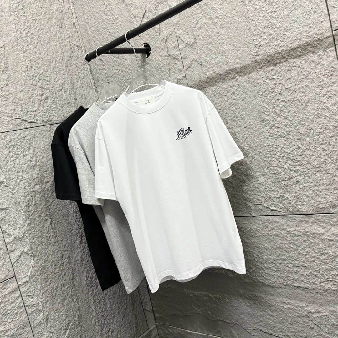 🅿️180 Ami* 2025 spring and summer new style Ami letter embroidery customized double yarn plain cotton fabric short-sleeved T-shirt for men and women Color: black white floral gray Size: S (90-130 pounds) M (120-150 pounds) L (140-165 pounds) XL (160-180 pounds) XXL (180-210 pounds)