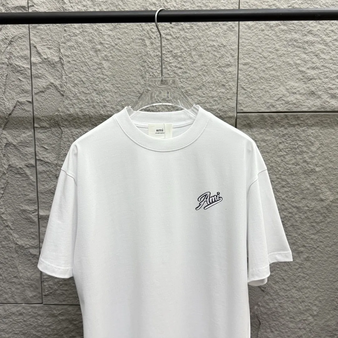 🅿️180 Ami* 2025 spring and summer new style Ami letter embroidery customized double yarn plain cotton fabric short-sleeved T-shirt for men and women Color: black white floral gray Size: S (90-130 pounds) M (120-150 pounds) L (140-165 pounds) XL (160-180 pounds) XXL (180-210 pounds)