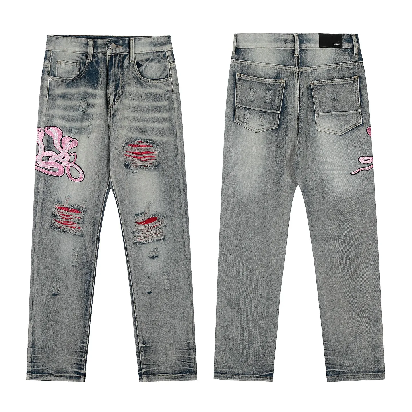 #M35 P168💰 Amiri classic embroidered hole patch washed cobra slim fit jeans Produced by a major washed factory Full of high-end sense Partial destruction of the knees with leather patchwork design Already used as a facade design Leather waist nameplate The focus of this style is not on the washing, but on the shape and version of the destruction The secret lies in the craftsmanship of the master. The cost of post-processing, grinding, cutting, etc. is far beyond the cost of assembly line products. Color: Picture color Size: 30-32-34-36
