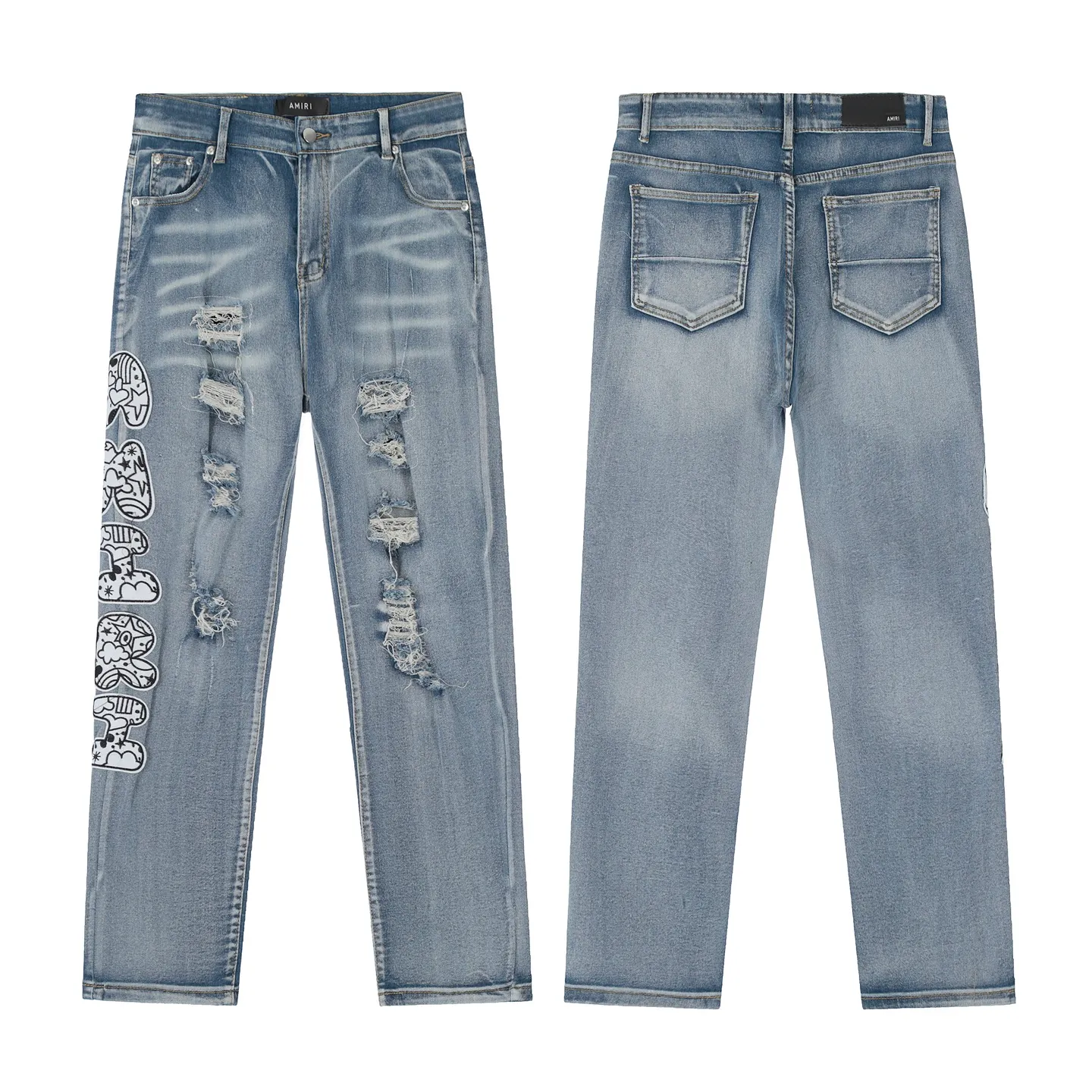 #M45 P168💰 Amiri classic embroidered patched leather distressed lettered jeans. Slim fit jeans. Produced by a major washed factory. Full of high-end. Partial destruction of the knees and patchwork design. Already used as a facade design. Leather waist nameplate. The focus of this style is not on the washing, but on the destroyed shape and version. The secret lies in the craftsmanship of the master. The cost of post-processing, grinding, cutting, etc. is far beyond the cost of assembly line products. Color: Picture color Size: 30-32-34-36