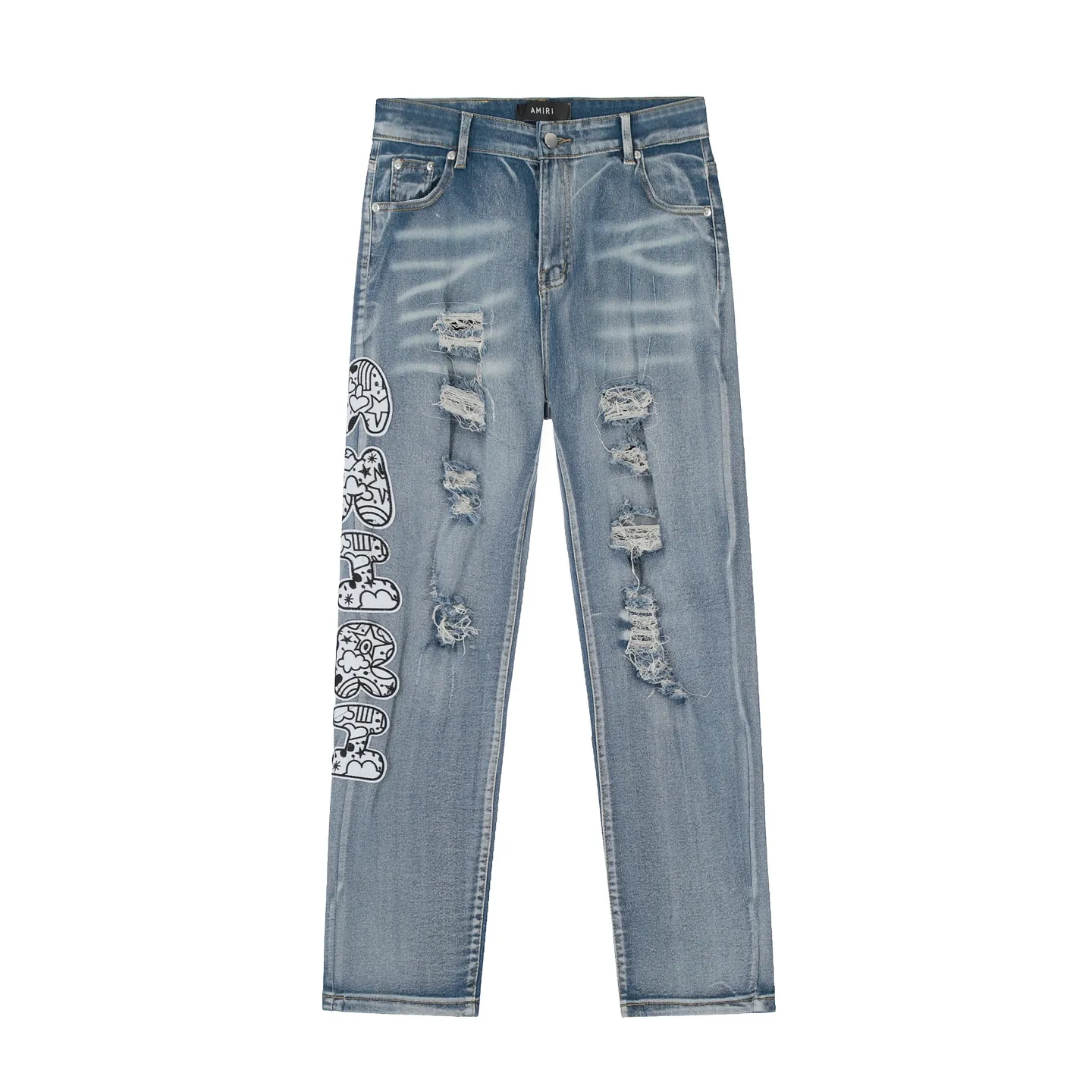 #M45 P168💰 Amiri classic embroidered patched leather distressed lettered jeans. Slim fit jeans. Produced by a major washed factory. Full of high-end. Partial destruction of the knees and patchwork design. Already used as a facade design. Leather waist nameplate. The focus of this style is not on the washing, but on the destroyed shape and version. The secret lies in the craftsmanship of the master. The cost of post-processing, grinding, cutting, etc. is far beyond the cost of assembly line products. Color: Picture color Size: 30-32-34-36