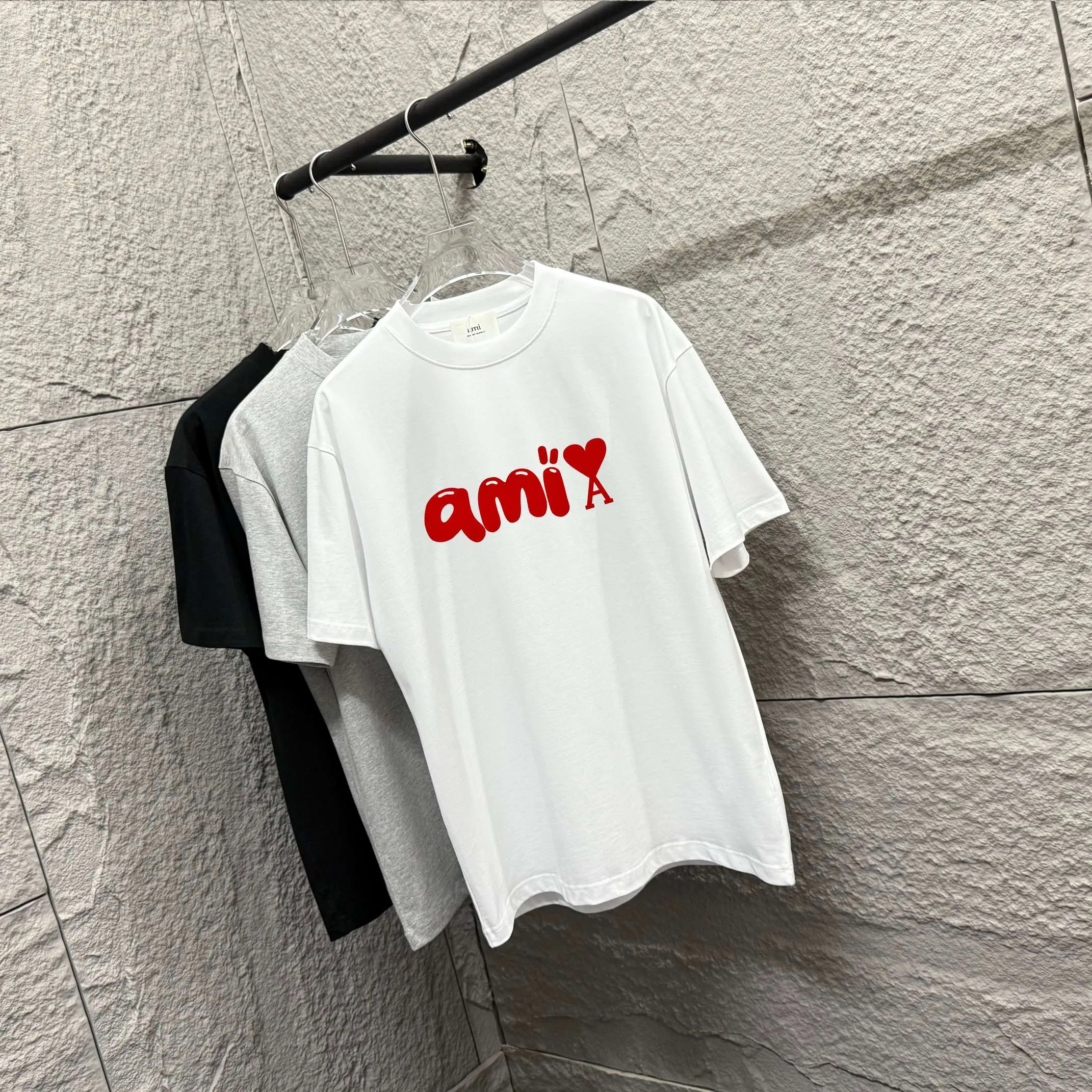 🅿️180 Ami Love 2025 Spring and Summer Style Classic and simple red flocking three-dimensional love letter personalized logo Customized double yarn plain cotton fabric Short-sleeved T-shirt Unisex Color: Black White Size: S (90-130 catties) M (120-150 catties) L (140-165 catties) XL (160-180 catties) XXL (180-210 pounds)