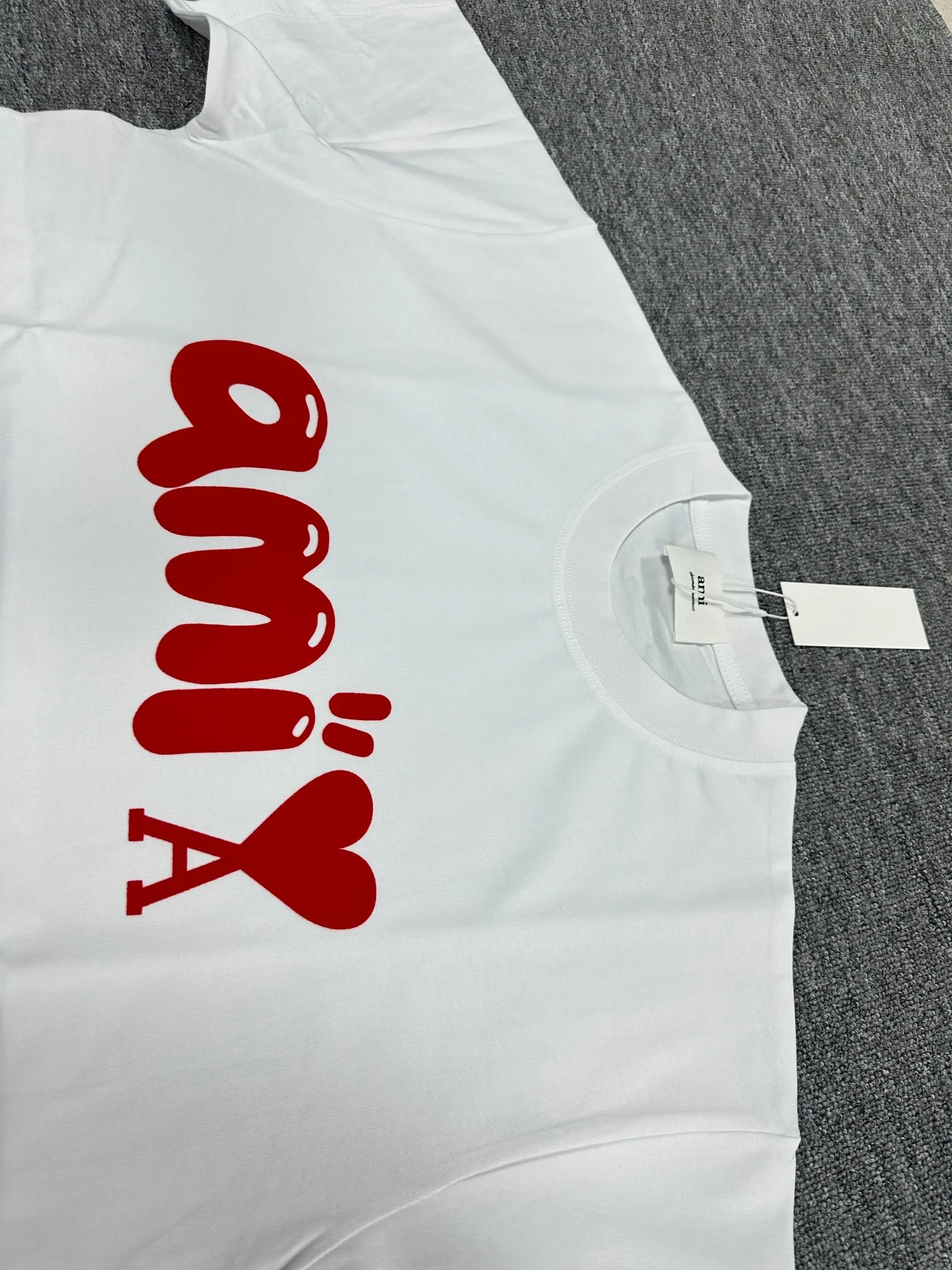 🅿️180 Ami Love 2025 Spring and Summer Style Classic and simple red flocking three-dimensional love letter personalized logo Customized double yarn plain cotton fabric Short-sleeved T-shirt Unisex Color: Black White Size: S (90-130 catties) M (120-150 catties) L (140-165 catties) XL (160-180 catties) XXL (180-210 pounds)