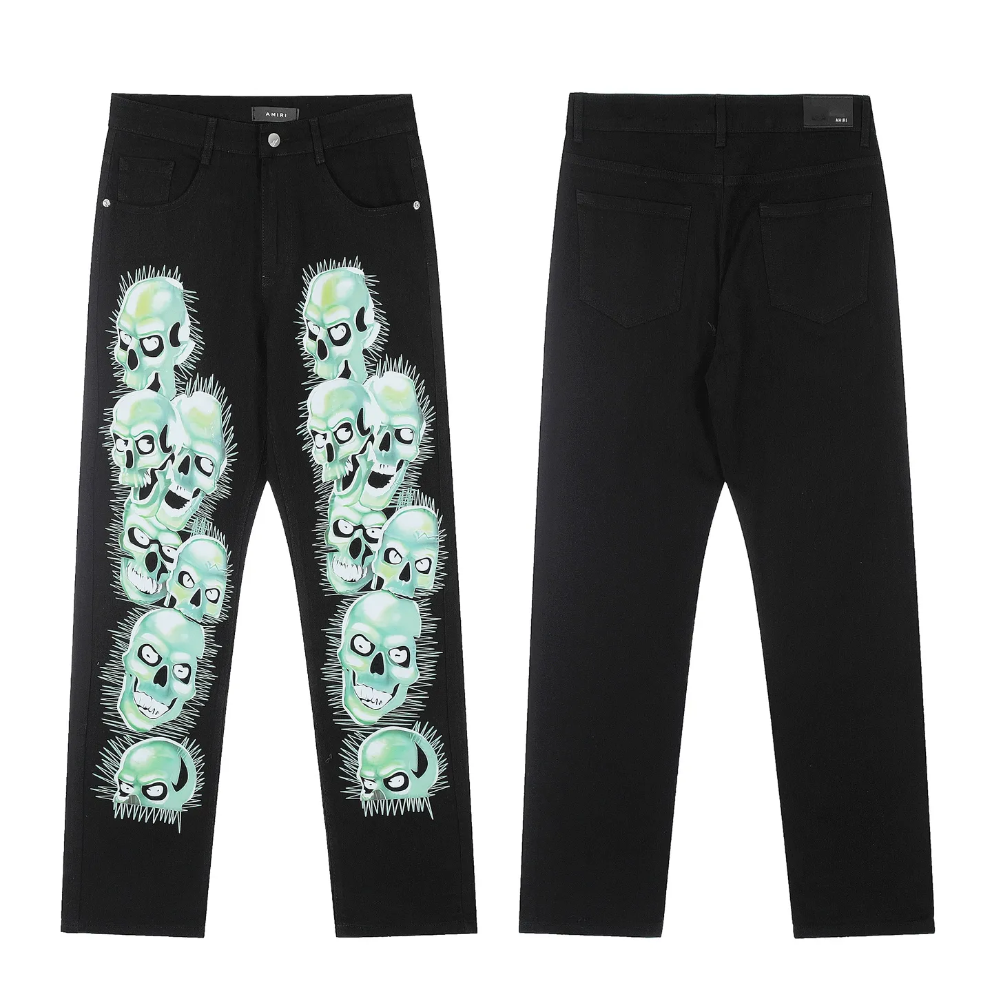 #M23 P168💰 Amiri printed skulls all over ☠️Printed small-foot jeans Slim-fitting small-foot jeans Produced by a major washed factory Full of high-end feel Partial destruction of the knees with leather design Already used as a facade design Leather waist nameplate The focus of this style is not on the washing, but on the destroyed shape and version The secret lies in the craftsmanship of the master. The cost of post-processing, grinding, cutting, etc. is far beyond the cost of assembly line products. Color: Picture color Size: 30-32-34-36