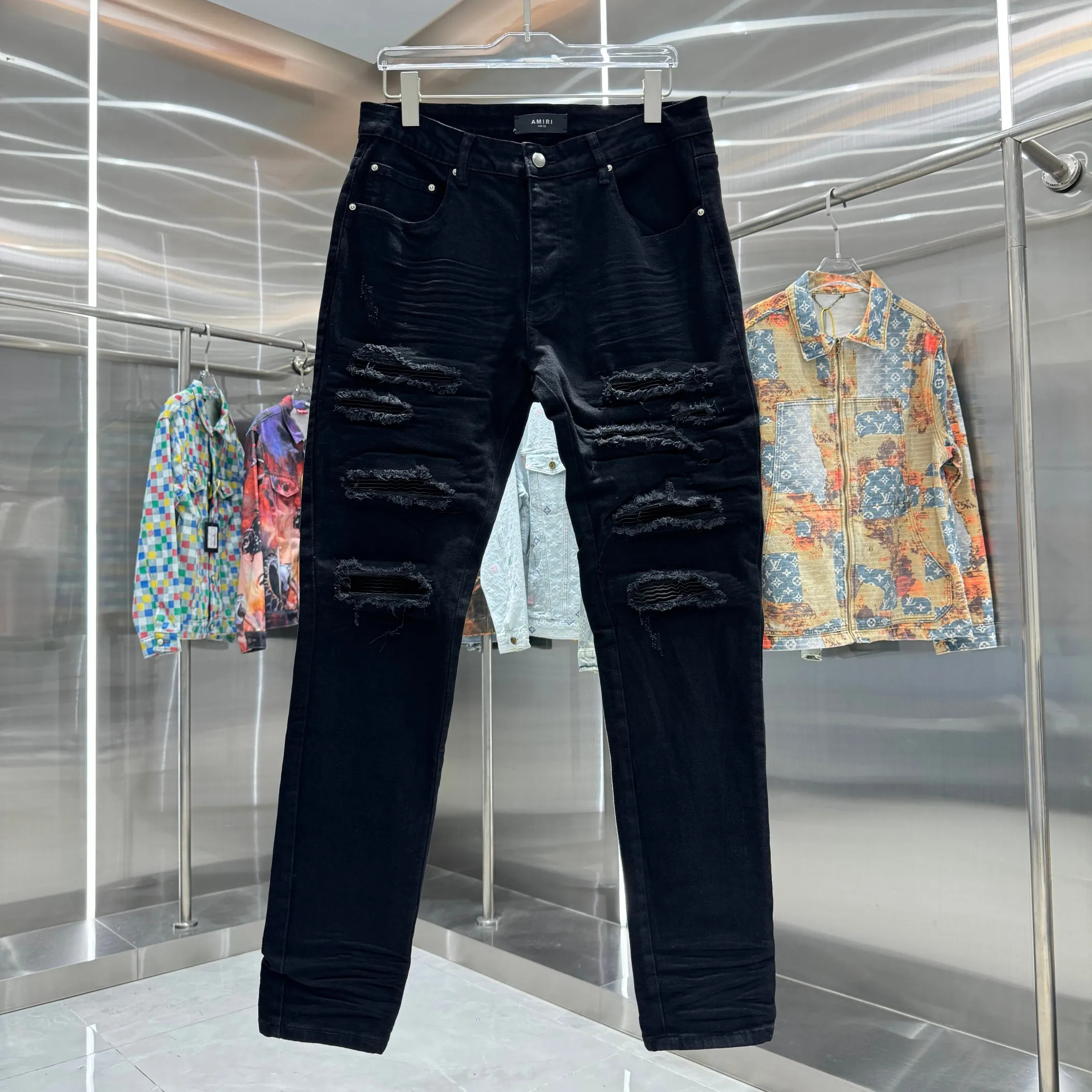 P290 Amiri ripped craft street fashion slim fit stretch jeans Color Black Size 30 32 34 36 38