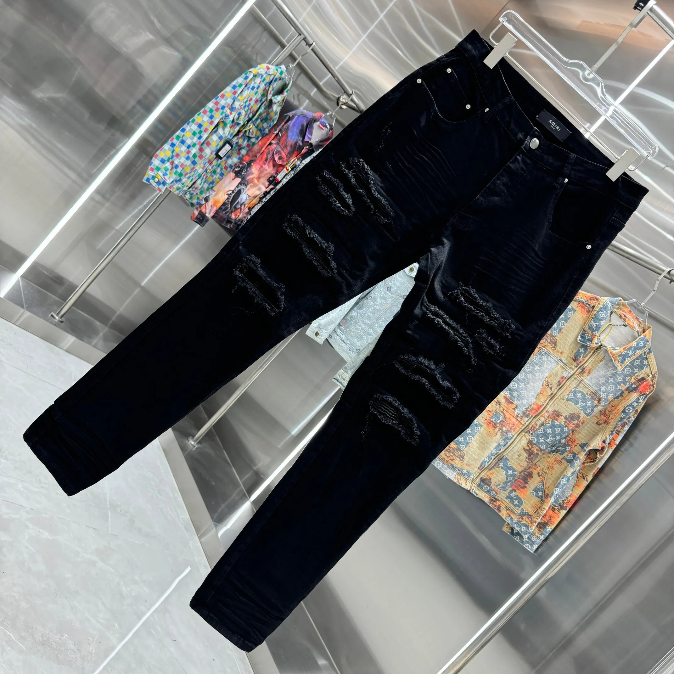 P290 Amiri ripped craft street fashion slim fit stretch jeans Color Black Size 30 32 34 36 38
