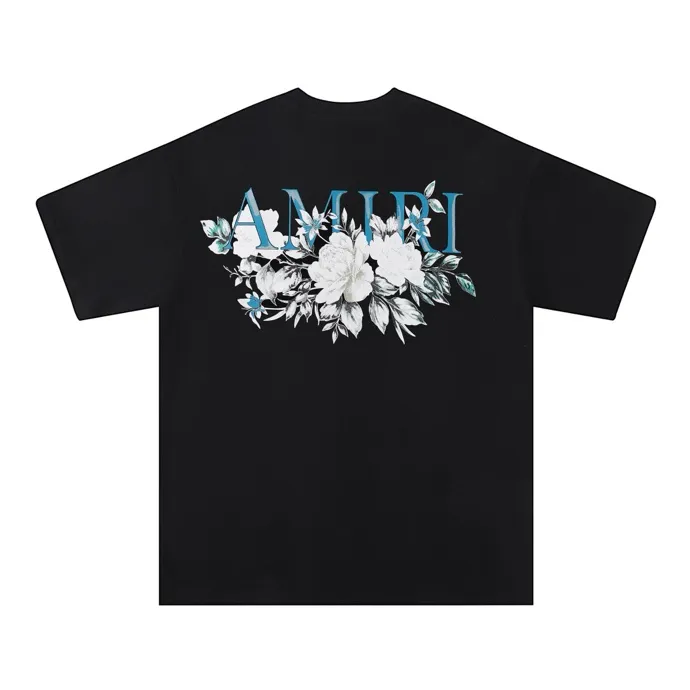 Style number: 674 P120 Fabric: 260g double yarn AMIRI 2025 spring and summer new logo round neck T-shirt high street men and women loose classic letter flower short sleeves Color: White Black Size: S M L XL