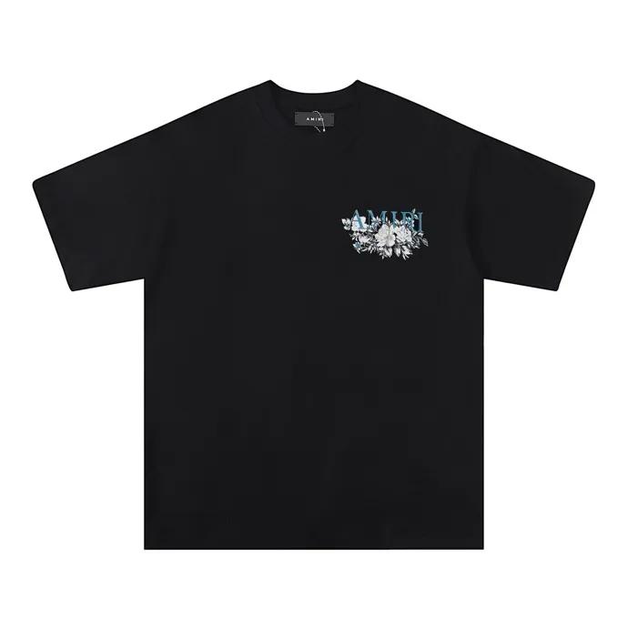 Style number: 674 P120 Fabric: 260g double yarn AMIRI 2025 spring and summer new logo round neck T-shirt high street men and women loose classic letter flower short sleeves Color: White Black Size: S M L XL