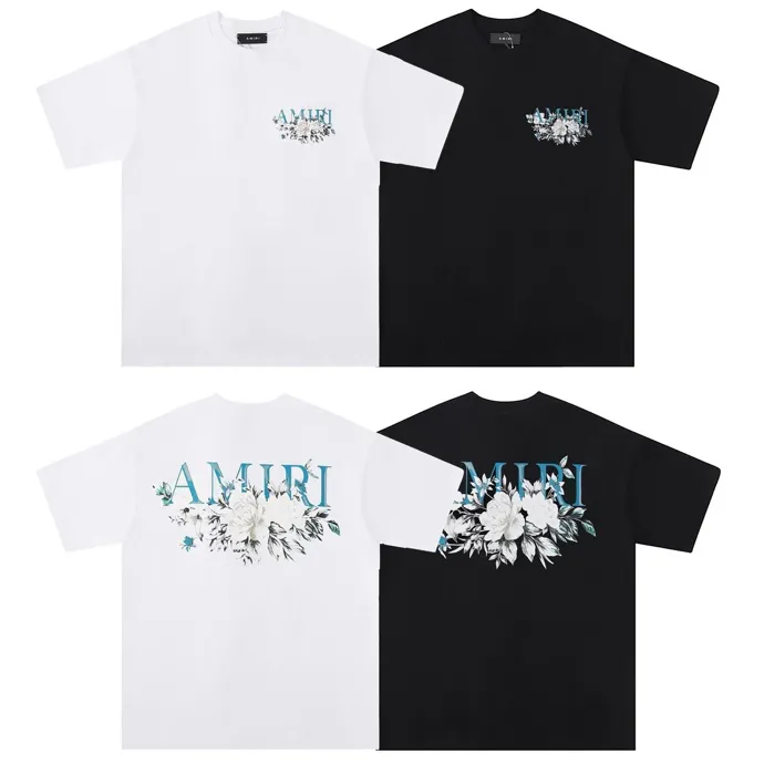 Style number: 674 P120 Fabric: 260g double yarn AMIRI 2025 spring and summer new logo round neck T-shirt high street men and women loose classic letter flower short sleeves Color: White Black Size: S M L XL