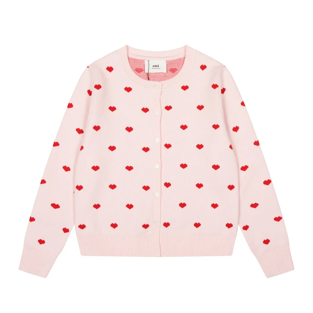Ami/Ami's new jacquard love-printed goddess style must-have autumn and winter knitted cardigan small jacket Size: S-XL Color: White red heart Black red heart Red white heart Milky apricot purple heart Navy blue white heart Pink red heart