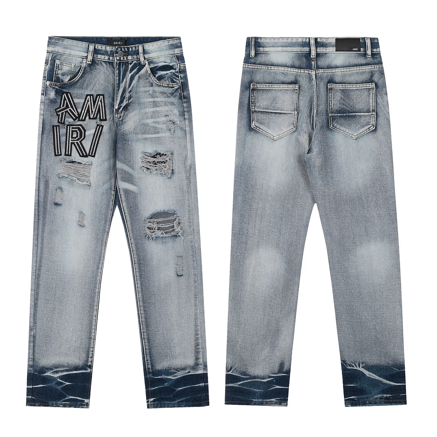 #M12 P168💰 AMIRI patch embroidery jeans trousers AMIRI high street basic ripped tight elastic jeans trousers amiri brand jeans break the production process and cutting of the original jeans, the fabrics are softer and more comfortable Hand-sewn collar label Customized logo buttons Genuine leather tag Color: Picture color Size: 30-32-34-36