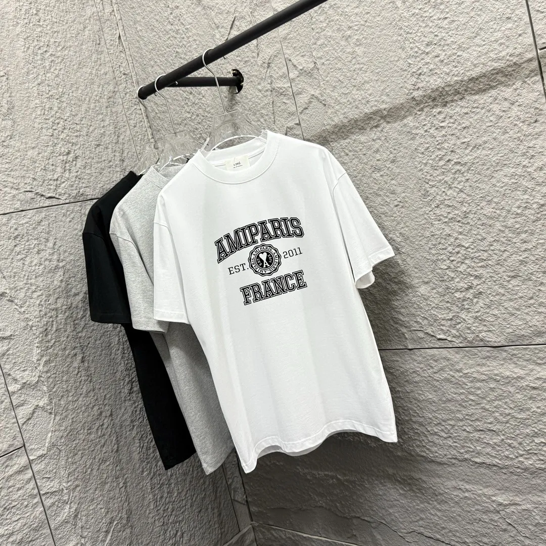 🅿️180 Ami* 2025 spring and summer new style Ami letter flocking technology Customized double yarn plain cotton fabric Short-sleeved T-shirt Uniform for men and women Color: black white floral gray Size: S (90-130 catties) M (120-150 catties) L (140-165 catties) XL (160-180 catties) XXL (180-210 pounds)
