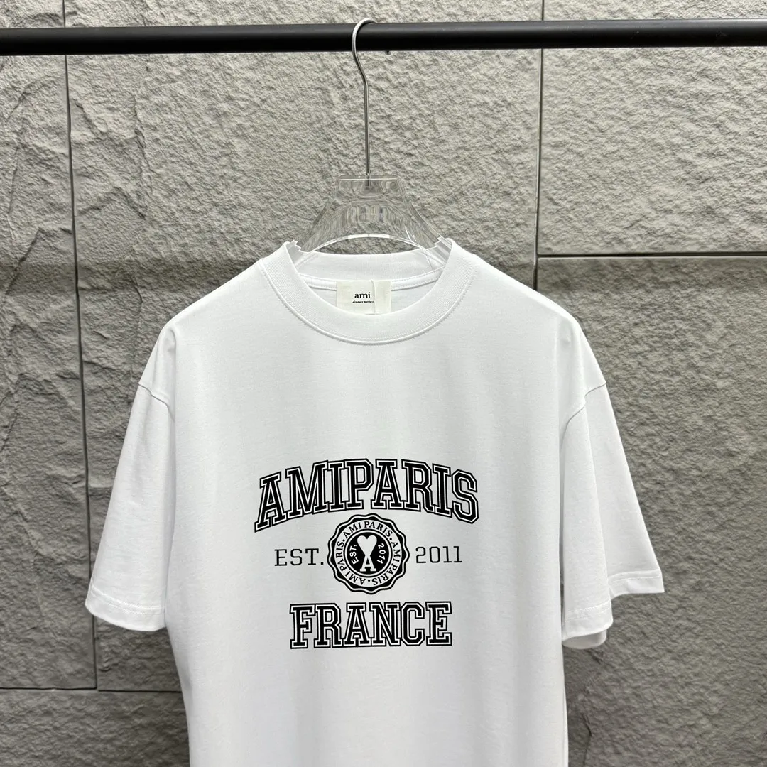 🅿️180 Ami* 2025 spring and summer new style Ami letter flocking technology Customized double yarn plain cotton fabric Short-sleeved T-shirt Uniform for men and women Color: black white floral gray Size: S (90-130 catties) M (120-150 catties) L (140-165 catties) XL (160-180 catties) XXL (180-210 pounds)
