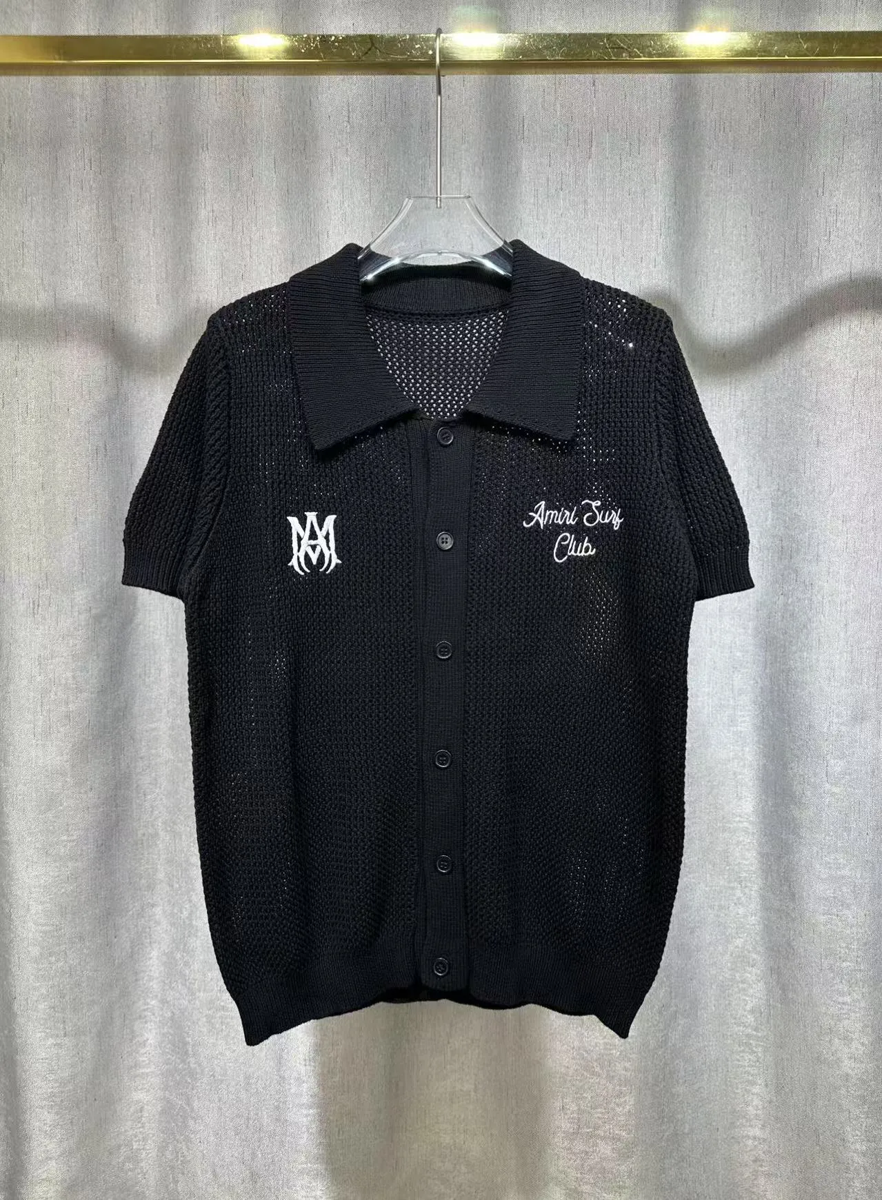 P260 🎉2025 AMIRI new summer sweater fabric POLO collar cardigan short sleeves front and back logo embroidery 🈵 body hollow heavy craftsmanship Color: Black Size: S M L XL XXL