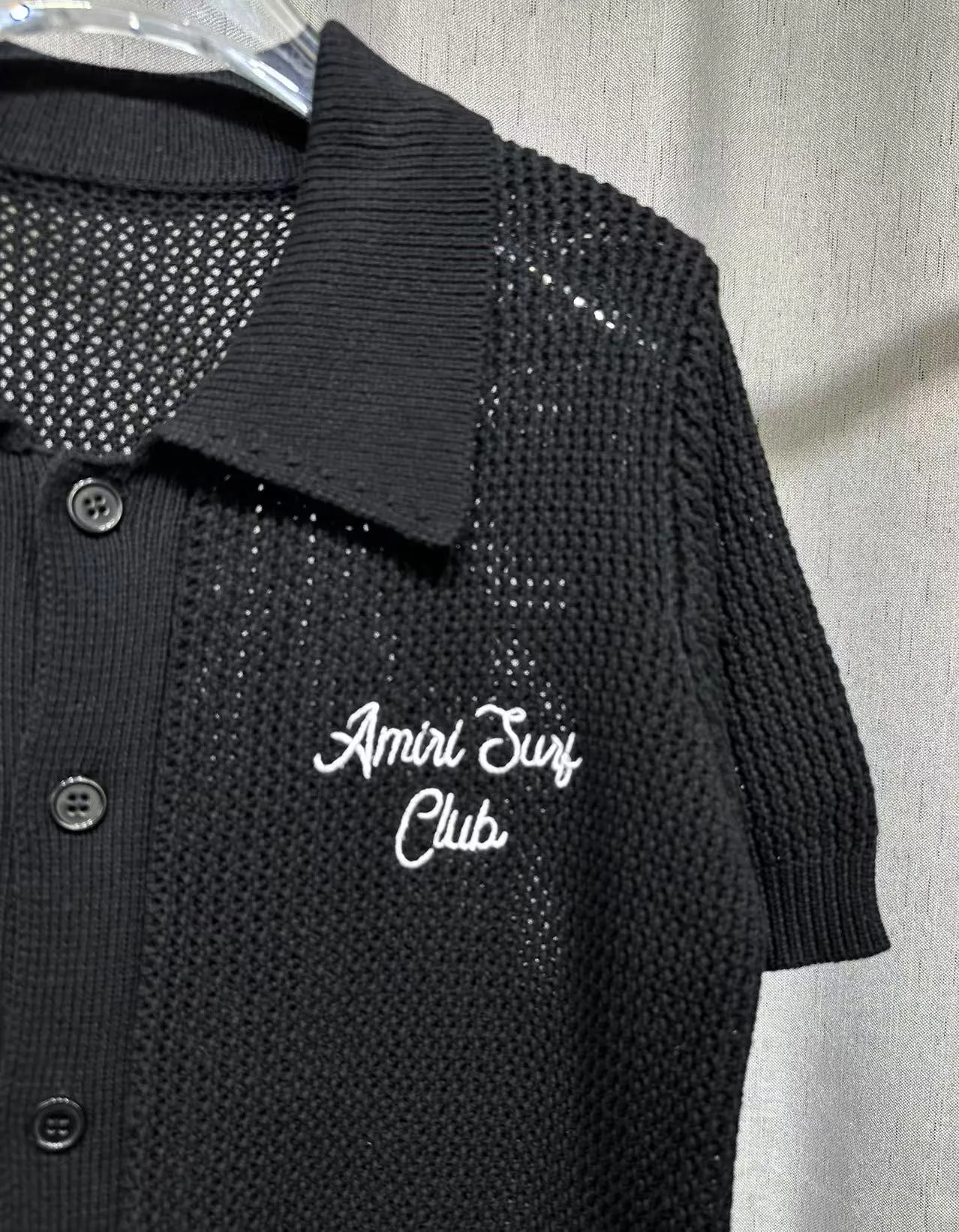 P260 🎉2025 AMIRI new summer sweater fabric POLO collar cardigan short sleeves front and back logo embroidery 🈵 body hollow heavy craftsmanship Color: Black Size: S M L XL XXL