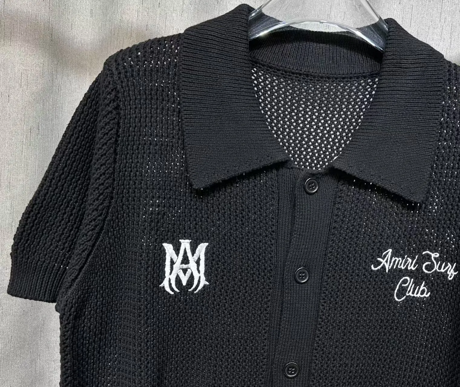 P260 🎉2025 AMIRI new summer sweater fabric POLO collar cardigan short sleeves front and back logo embroidery 🈵 body hollow heavy craftsmanship Color: Black Size: S M L XL XXL