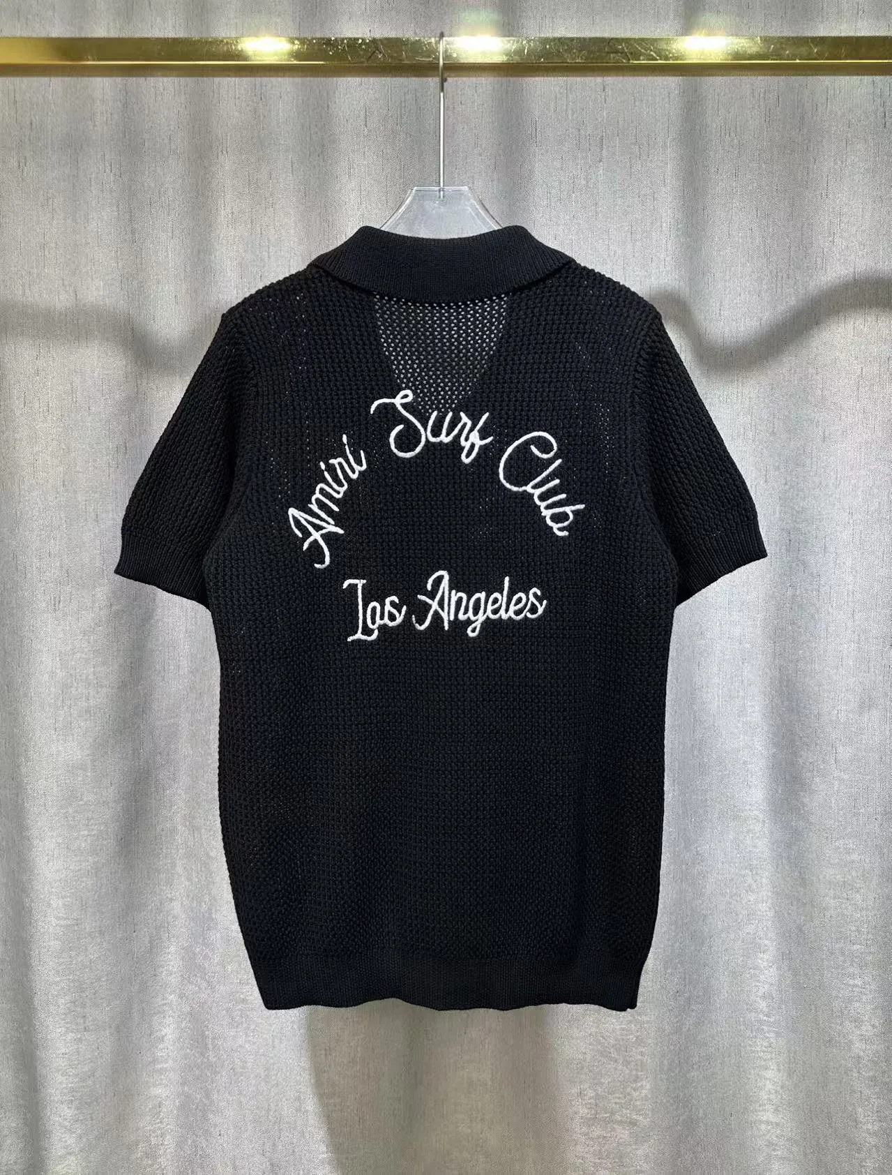 P260 🎉2025 AMIRI new summer sweater fabric POLO collar cardigan short sleeves front and back logo embroidery 🈵 body hollow heavy craftsmanship Color: Black Size: S M L XL XXL