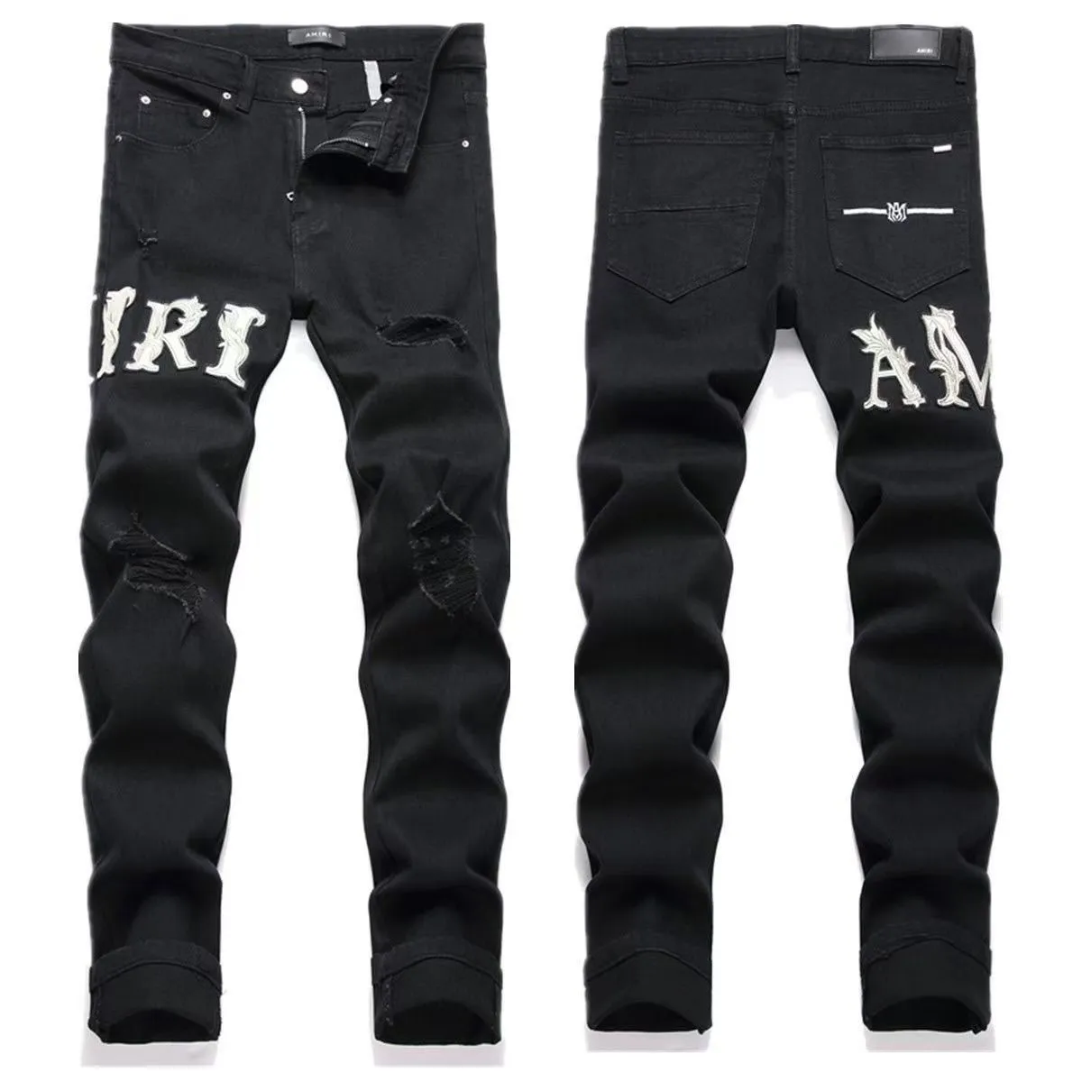 #M02 P168💰 AMIRI patch embroidery jeans trousers AMIRI high street basic ripped tight elastic jeans trousers amiri brand jeans break the production process and cutting of the original jeans, the fabrics are softer and more comfortable Hand-sewn collar label Customized logo buttons Genuine leather tag Color: black Size: 30-32-34-36