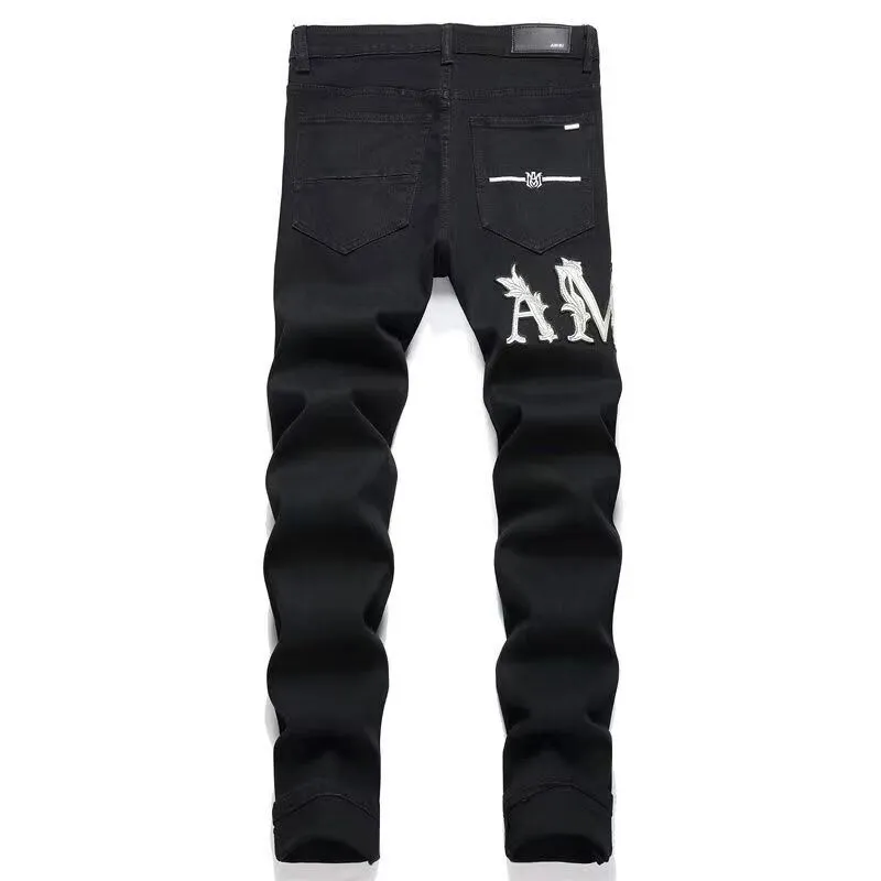 #M02 P168💰 AMIRI patch embroidery jeans trousers AMIRI high street basic ripped tight elastic jeans trousers amiri brand jeans break the production process and cutting of the original jeans, the fabrics are softer and more comfortable Hand-sewn collar label Customized logo buttons Genuine leather tag Color: black Size: 30-32-34-36