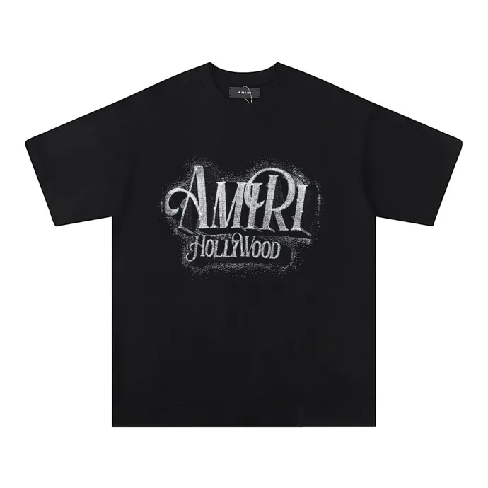 Style number: 727 P126 Fabric: 260g double yarn AMIRI 2025 spring and summer new logo round neck T-shirt high street same style for men and women loose classic lettering silver short sleeves Color: black. White Size: S M L XL