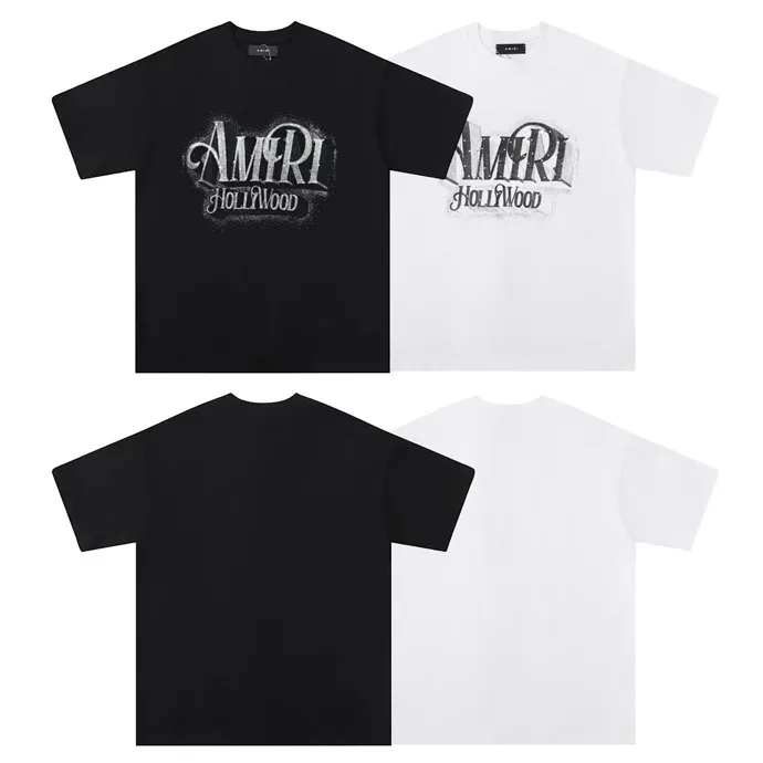 Style number: 727 P126 Fabric: 260g double yarn AMIRI 2025 spring and summer new logo round neck T-shirt high street same style for men and women loose classic lettering silver short sleeves Color: black. White Size: S M L XL