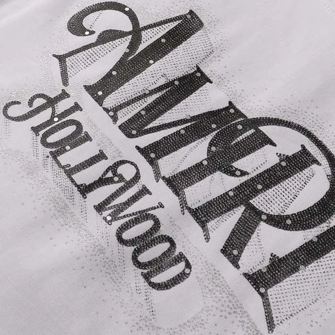 Style number: 727 P126 Fabric: 260g double yarn AMIRI 2025 spring and summer new logo round neck T-shirt high street same style for men and women loose classic lettering silver short sleeves Color: black. White Size: S M L XL