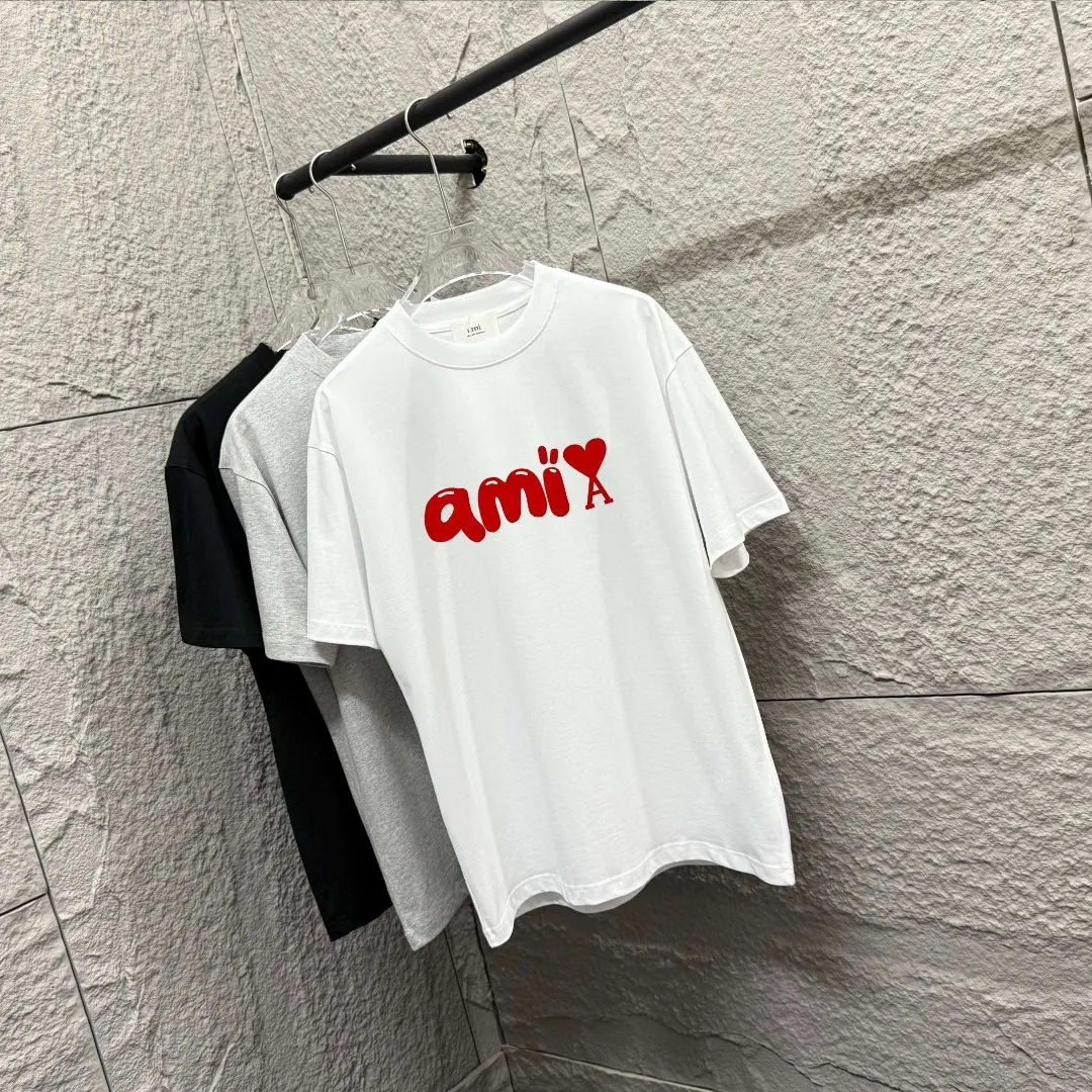 🅿️180 Ami Love 2025 Spring and Summer Style Classic and simple red flocking three-dimensional love letter personalized logo Customized double yarn plain cotton fabric Short-sleeved T-shirt Unisex Color: Black White Size: S (90-130 catties) M (120-150 catties) L (140-165 catties) XL (160-180 catties) XXL (180-210 pounds)