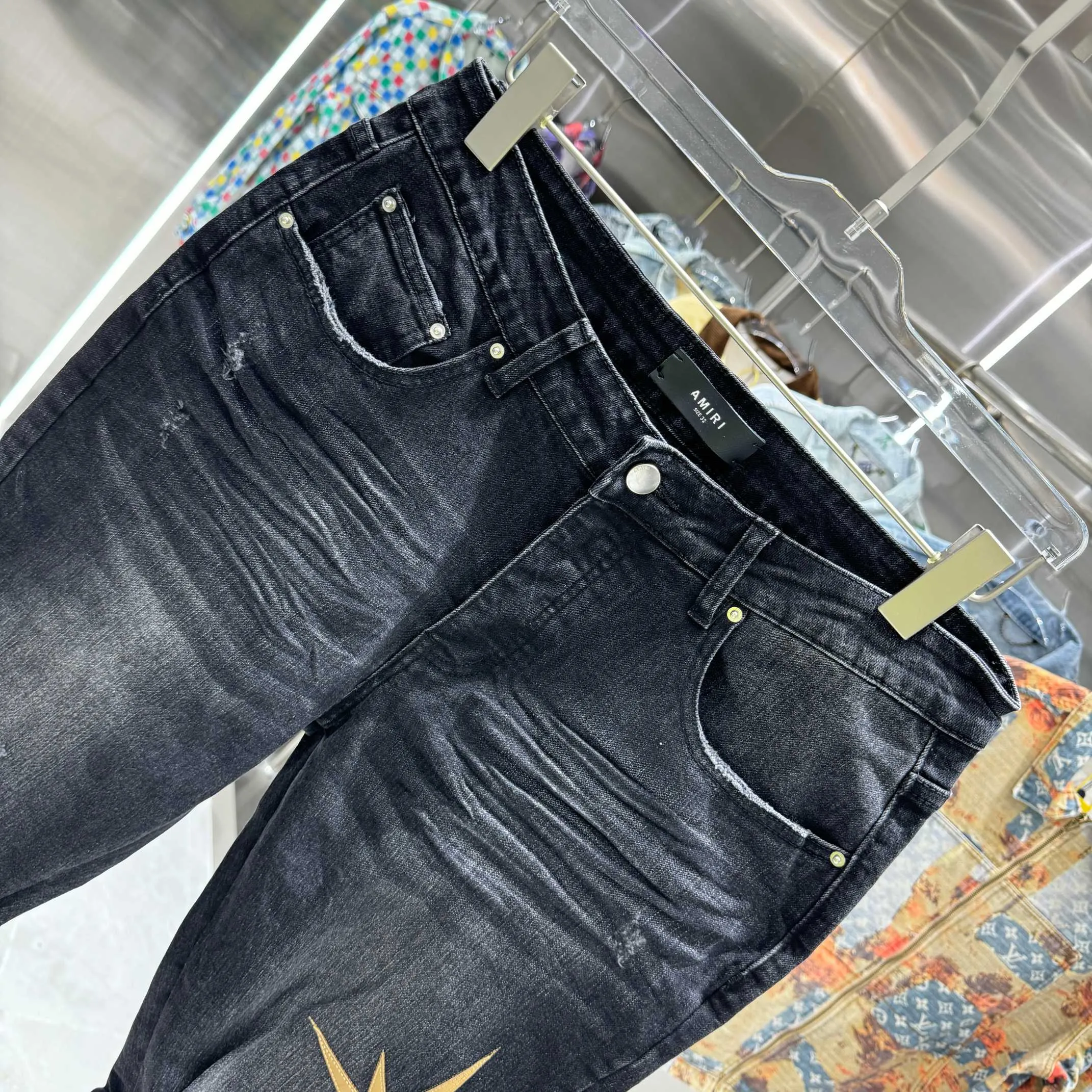 P280 Amiri ripped letter embroidery craft street fashion slim fit stretch jeans Color Black Size 30 32 34 36 38