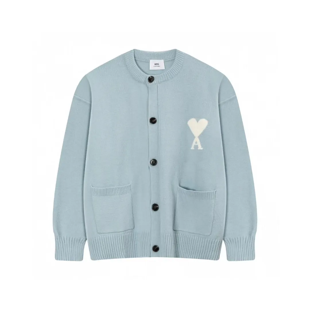 A8196# AMI Paris 2025 autumn and winter new product ADC Merino love alpaca blended soft and waxy knitted cardigan round neck cloud sweater pocket jacket Oversize version for men and women Color: White Apricot Tianlan Light Pink Light Gray Dark Gray Brown Size: S-XL
