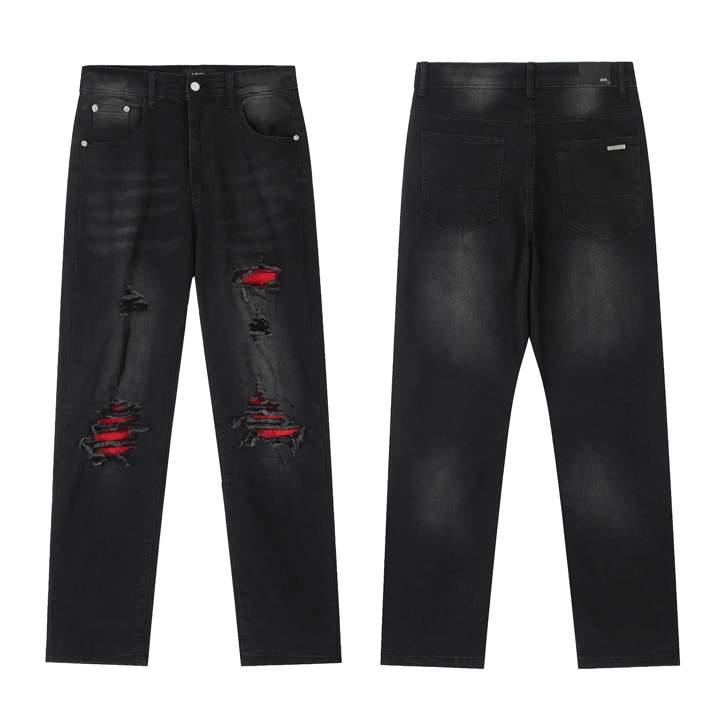 #M51 P168💰 AMIRI patch embroidery jeans trousers AMIRI high street basic ripped tight elastic jeans trousers amiri brand jeans break the production process and cutting of the original jeans, the fabrics are softer and more comfortable Hand-sewn collar label Customized logo buttons Genuine leather tag Color: Picture color Size: 30-32-34-36