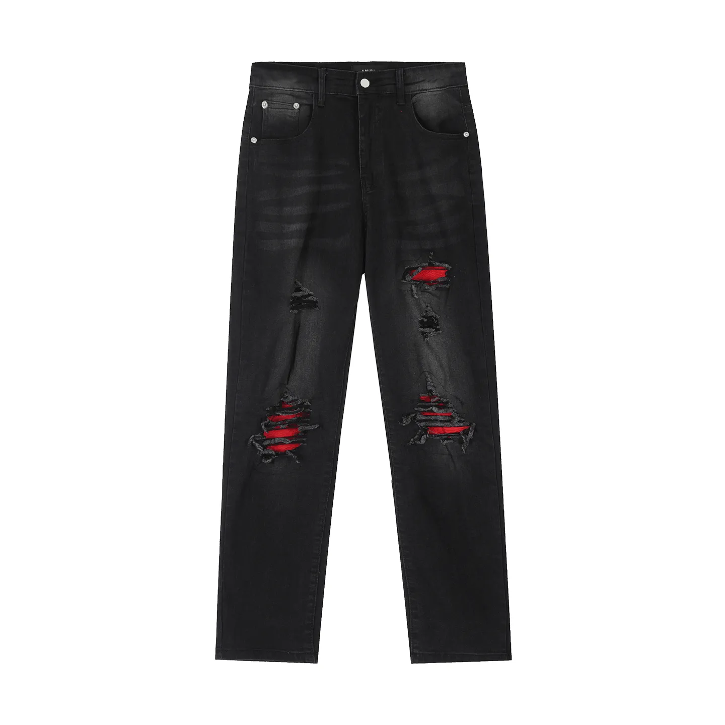 #M51 P168💰 AMIRI patch embroidery jeans trousers AMIRI high street basic ripped tight elastic jeans trousers amiri brand jeans break the production process and cutting of the original jeans, the fabrics are softer and more comfortable Hand-sewn collar label Customized logo buttons Genuine leather tag Color: Picture color Size: 30-32-34-36