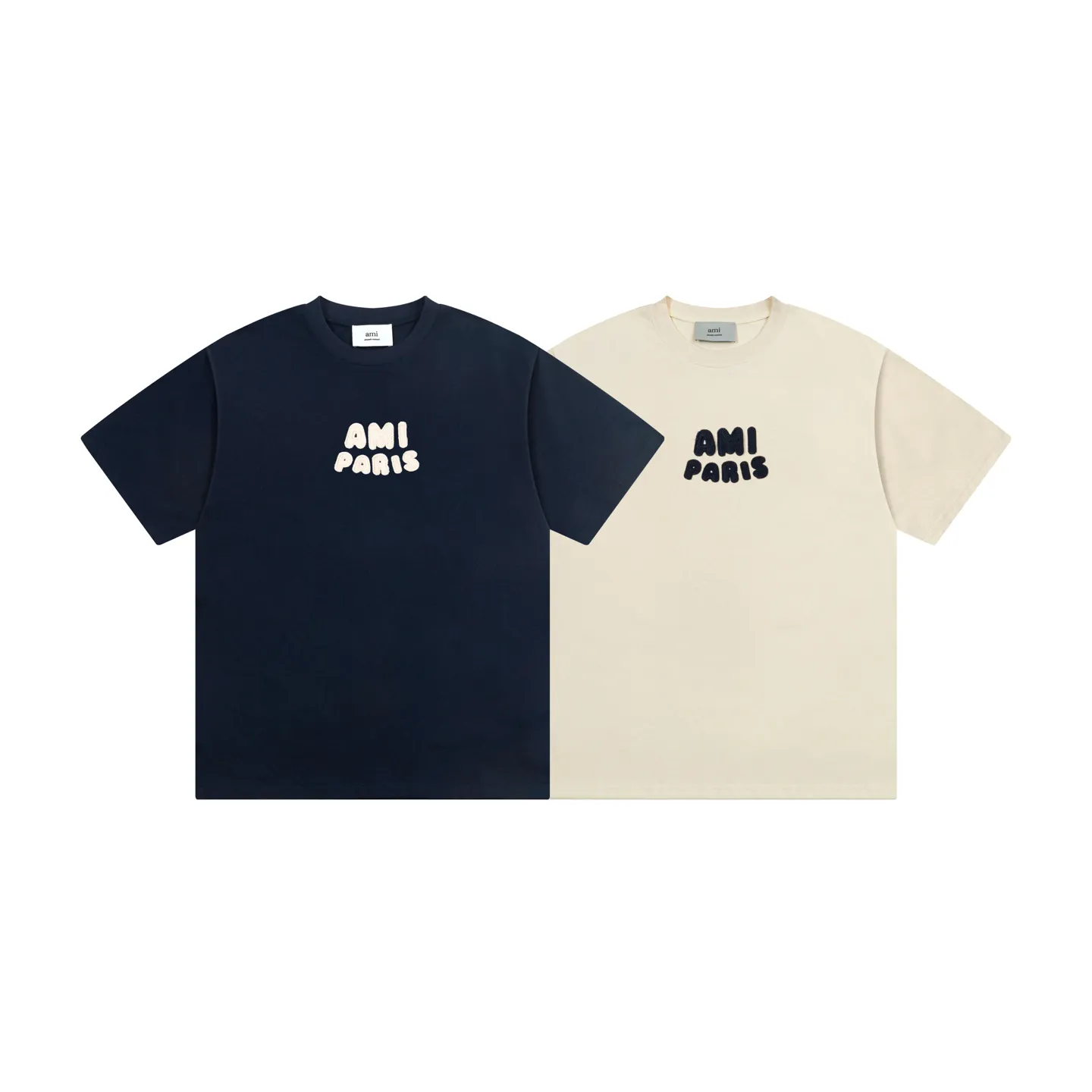 1229# AMI PARIS 25SS early spring new product crochet letter knitting micro label short-sleeved T-shirt customized 230g double yarn pure cotton fabric matching 280G rib YP replica new main wheat washable wheat QR code can be scanned same style for men and women Color: Baolan apricot Code number: S-XL