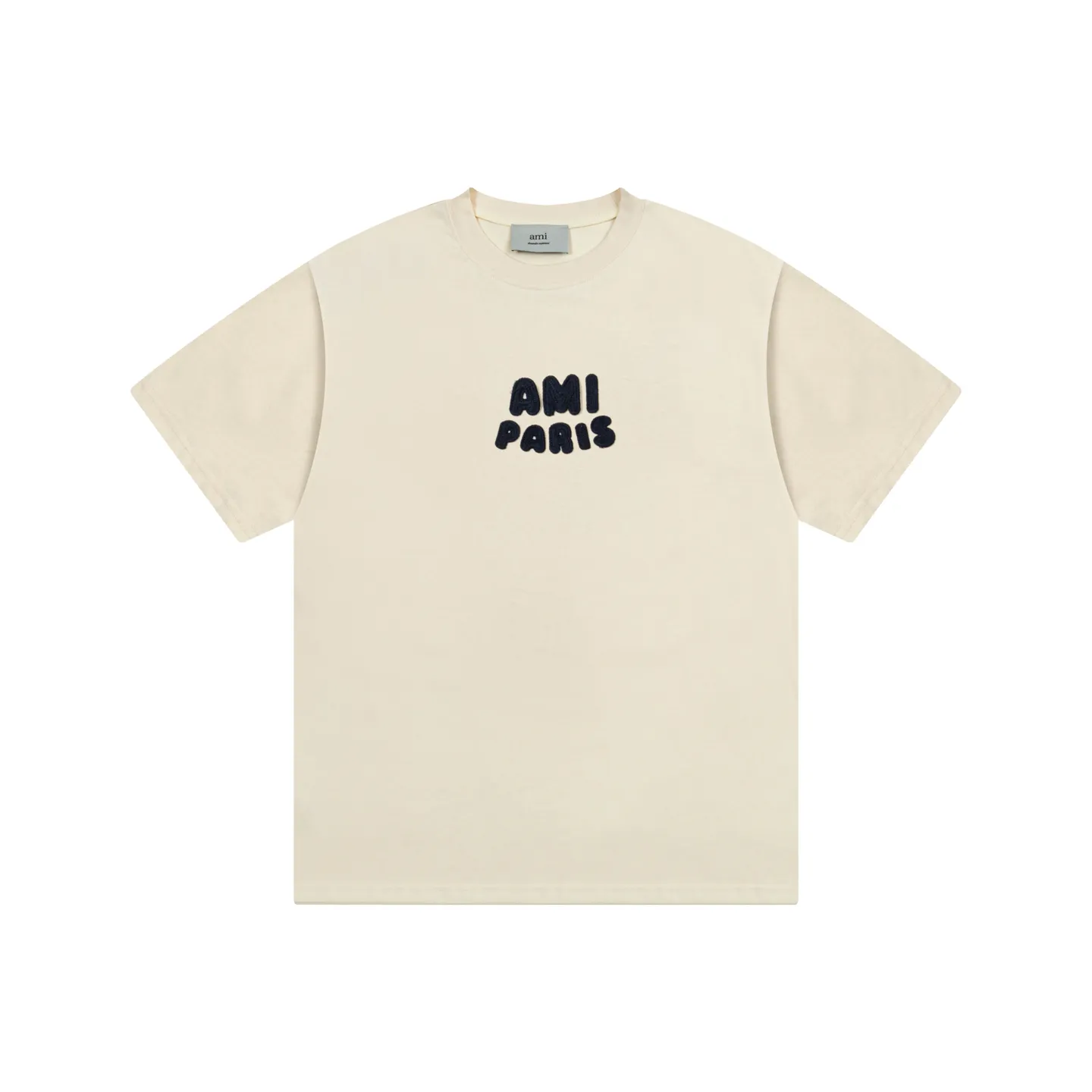 1229# AMI PARIS 25SS early spring new product crochet letter knitting micro label short-sleeved T-shirt customized 230g double yarn pure cotton fabric matching 280G rib YP replica new main wheat washable wheat QR code can be scanned same style for men and women Color: Baolan apricot Code number: S-XL