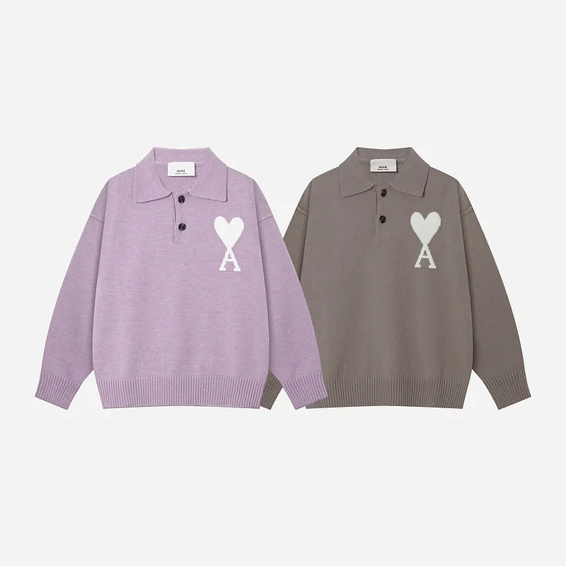 Ami Paris2025 early spring new product big love ADC jacquard wool patchwork reverse sleeve technology Ami De Coeur polo collar pullover sweater same style for men and women Oversize version Color: light gray lilac Size: S-XL