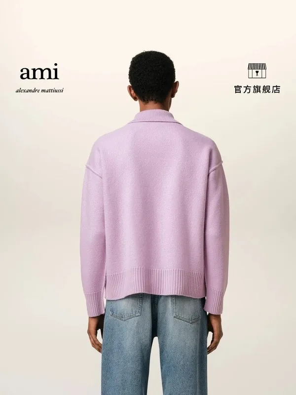 Ami Paris2025 early spring new product big love ADC jacquard wool patchwork reverse sleeve technology Ami De Coeur polo collar pullover sweater same style for men and women Oversize version Color: light gray lilac Size: S-XL