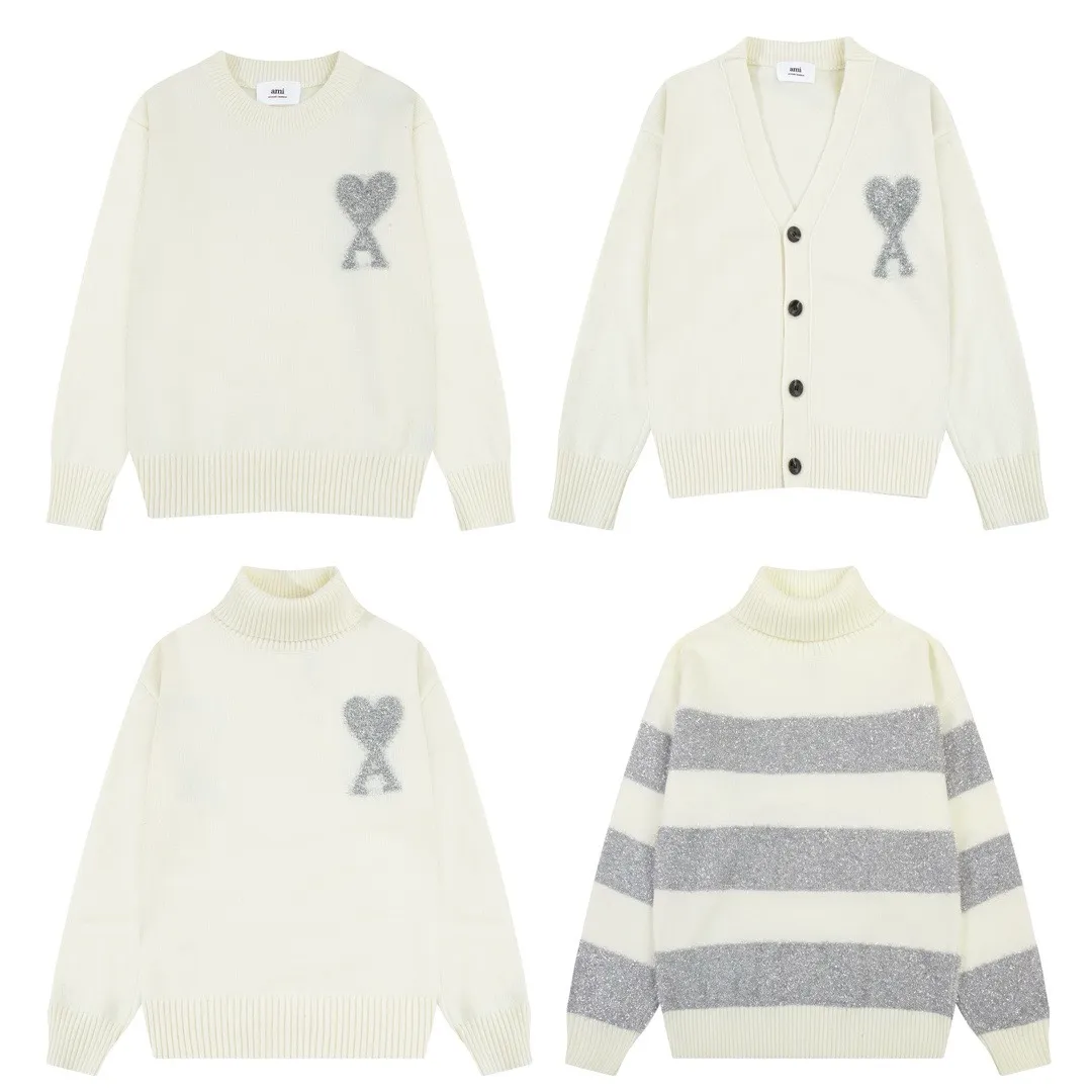 P200 A8150# [Christmas Capsule Series] AMI Paris 2024 new autumn and winter high-neck striped alpaca blend soft and waxy feel knitted crew neck sweater Oversize version for men and women Color: off-white Size: S-XL