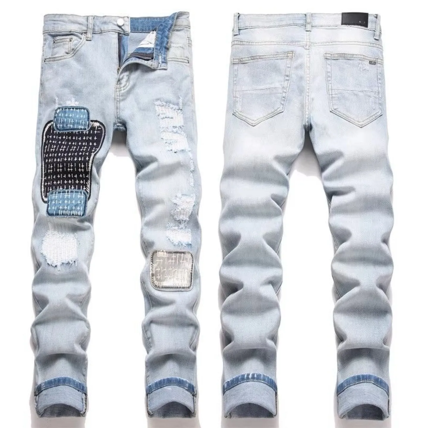 P168 💰 AMIRI patch embroidery jeans trousers AMIRI high street basic ripped tight elastic jeans trousers amiri brand jeans break the production process and cutting of the original jeans, the fabrics are softer and more comfortable Hand-sewn collar label Customized logo buttons Genuine leather tag Color: Picture color Size: 30-32-34-36