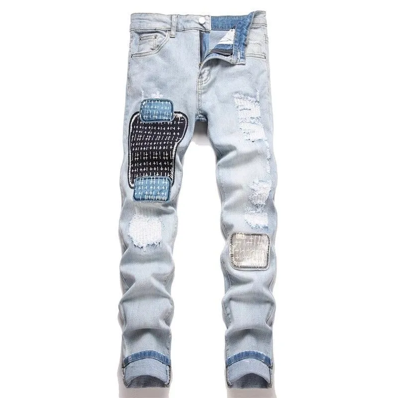P168 💰 AMIRI patch embroidery jeans trousers AMIRI high street basic ripped tight elastic jeans trousers amiri brand jeans break the production process and cutting of the original jeans, the fabrics are softer and more comfortable Hand-sewn collar label Customized logo buttons Genuine leather tag Color: Picture color Size: 30-32-34-36