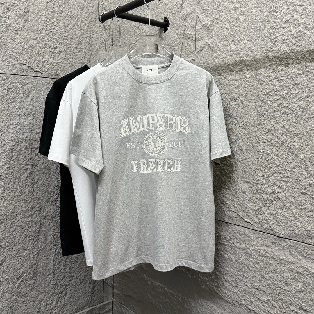 🅿️180 Ami* 2025 spring and summer new style Ami letter flocking technology Customized double yarn plain cotton fabric Short-sleeved T-shirt Uniform for men and women Color: black white floral gray Size: S (90-130 catties) M (120-150 catties) L (140-165 catties) XL (160-180 catties) XXL (180-210 pounds)