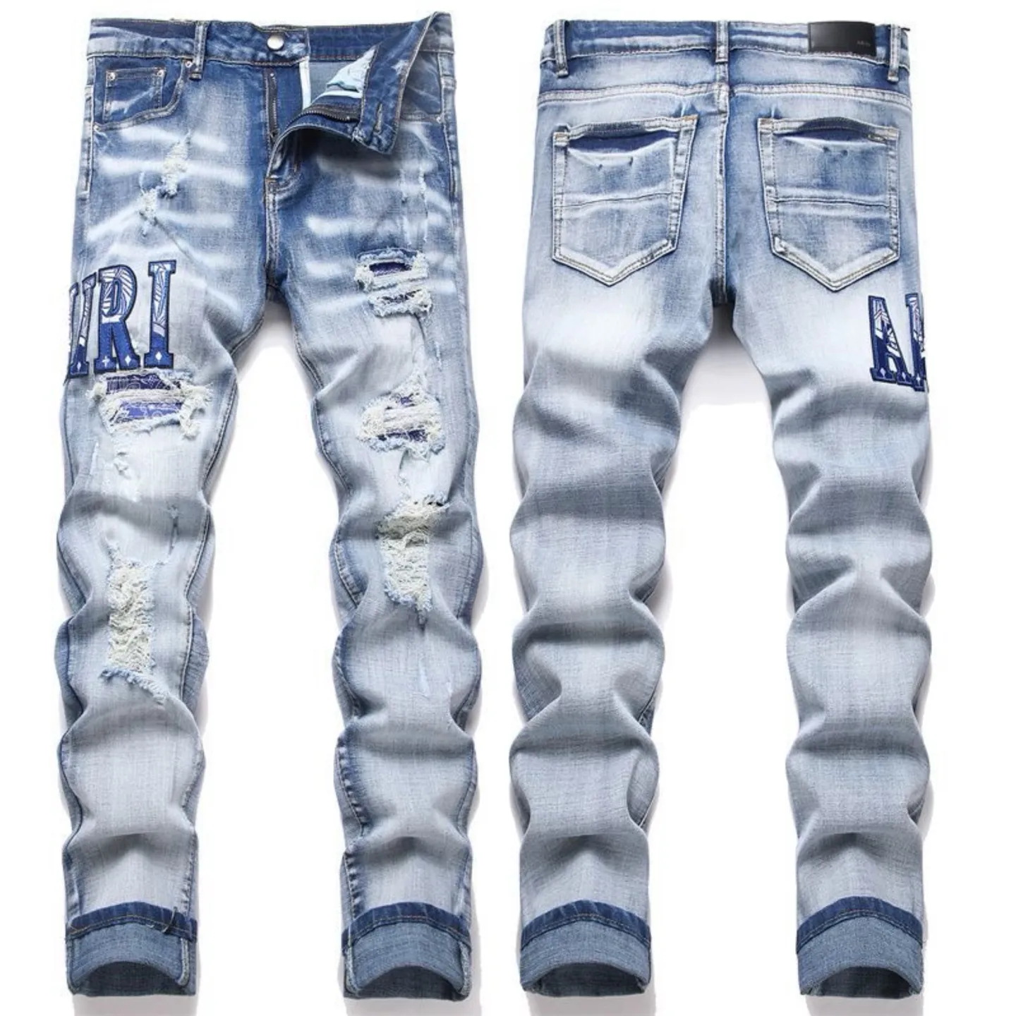 P168 💰 AMIRI patch embroidery jeans trousers AMIRI high street basic ripped tight elastic jeans trousers amiri brand jeans break the production process and cutting of the original jeans, the fabrics are softer and more comfortable Hand-sewn collar label Customized logo buttons Genuine leather tag Color: Picture color Size: 30-32-34-36