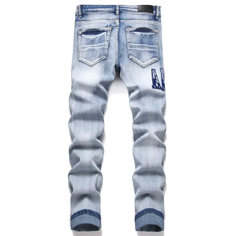 P168 💰 AMIRI patch embroidery jeans trousers AMIRI high street basic ripped tight elastic jeans trousers amiri brand jeans break the production process and cutting of the original jeans, the fabrics are softer and more comfortable Hand-sewn collar label Customized logo buttons Genuine leather tag Color: Picture color Size: 30-32-34-36