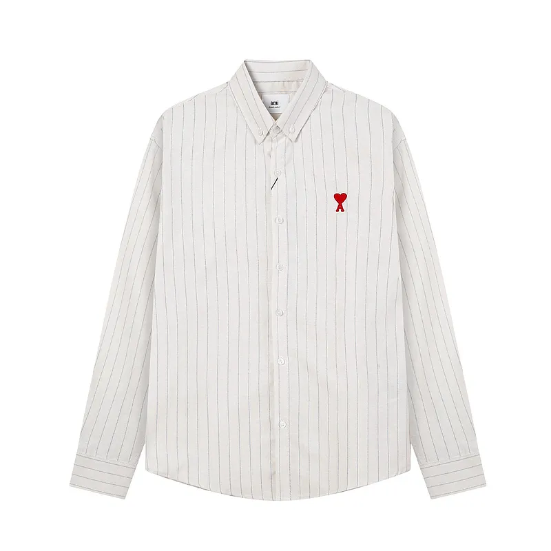 AMI Paris classic autumn red love heart embroidered on the chest, casual cotton large striped long-sleeved Oxford shirt, original custom-made 180g pure cotton fabric, loose off-shoulder version, same style for men and women, color: black and white, blue and white, size: S-XL